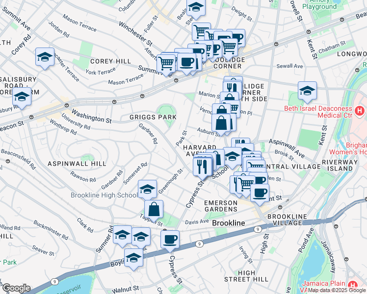 map of restaurants, bars, coffee shops, grocery stores, and more near 454 Washington Street in Brookline