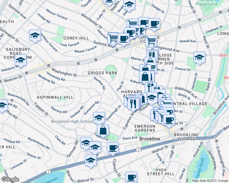 map of restaurants, bars, coffee shops, grocery stores, and more near 454 Washington Street in Brookline