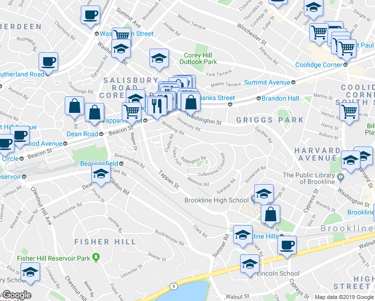 map of restaurants, bars, coffee shops, grocery stores, and more near 78 Addington Road in Brookline