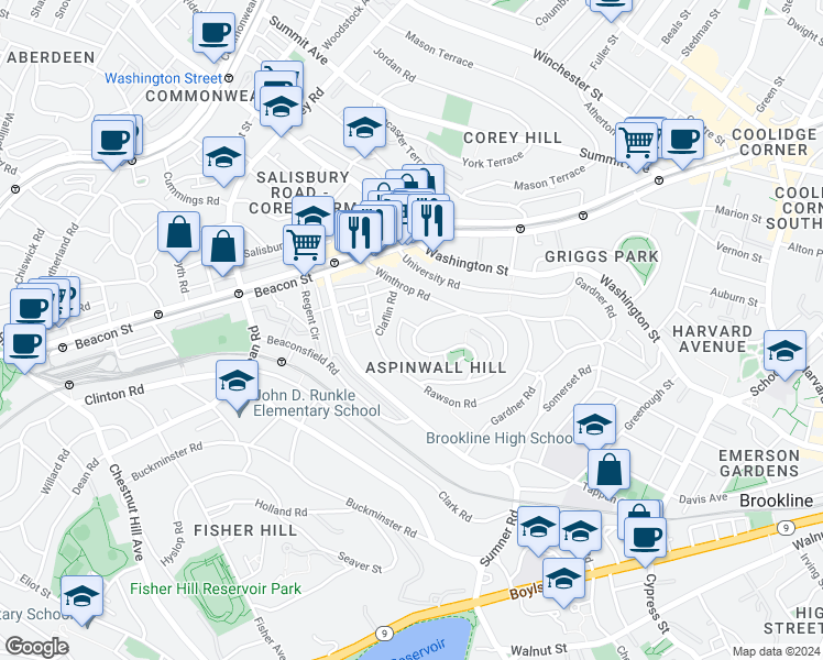 map of restaurants, bars, coffee shops, grocery stores, and more near 185 Rawson Road in Brookline