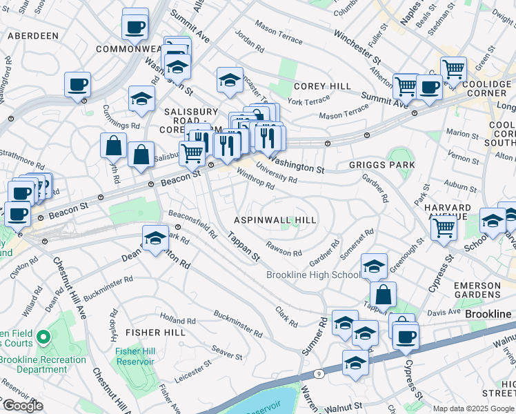 map of restaurants, bars, coffee shops, grocery stores, and more near 185 Rawson Road in Brookline