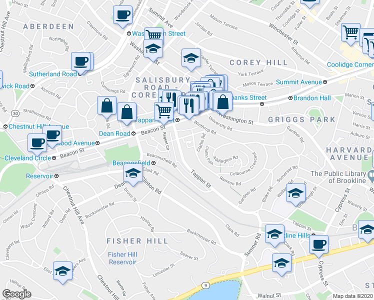 map of restaurants, bars, coffee shops, grocery stores, and more near 299 Tappan Street in Brookline