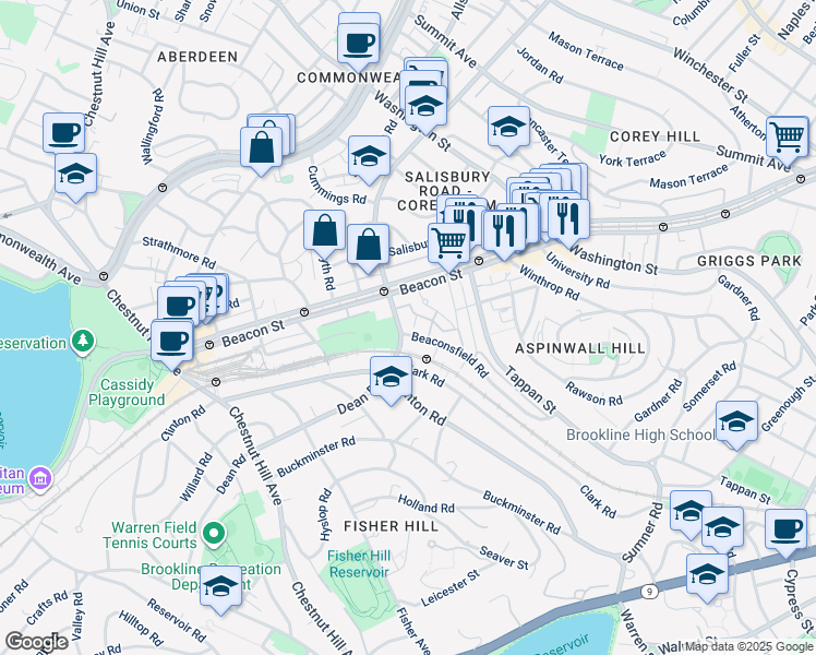 map of restaurants, bars, coffee shops, grocery stores, and more near in Brookline