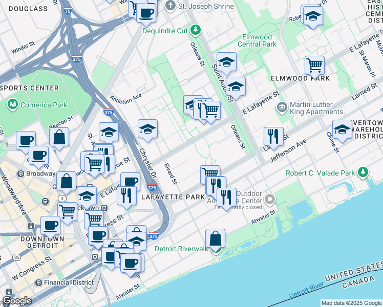 map of restaurants, bars, coffee shops, grocery stores, and more near 1274 Navarre Place in Detroit
