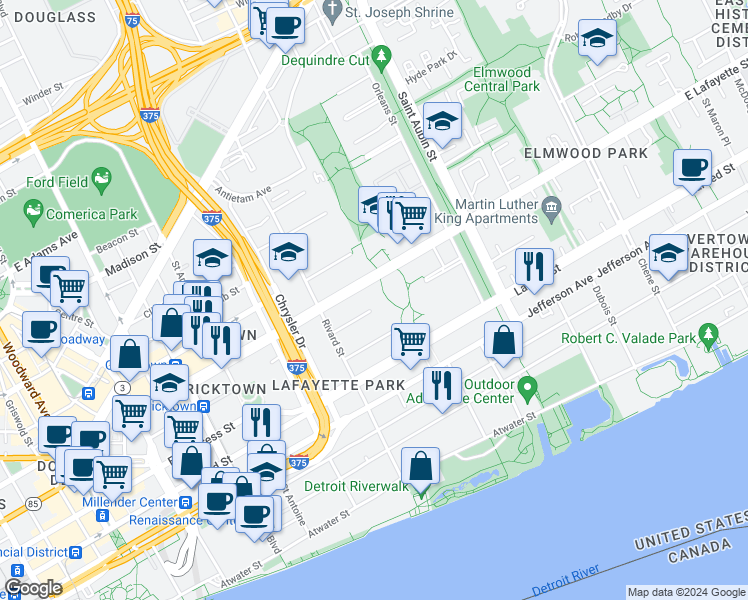 map of restaurants, bars, coffee shops, grocery stores, and more near 1274 Navarre Place in Detroit