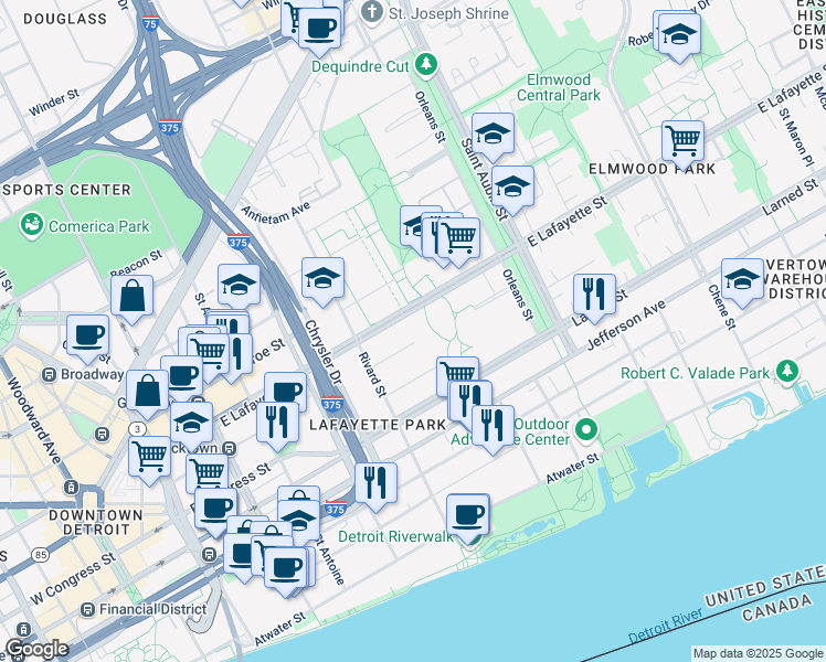 map of restaurants, bars, coffee shops, grocery stores, and more near 1274 Navarre Place in Detroit