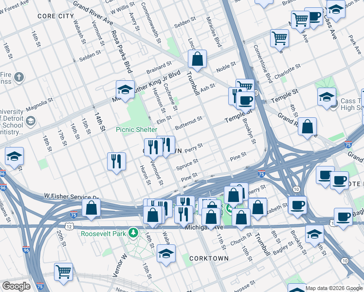 map of restaurants, bars, coffee shops, grocery stores, and more near 2728 Harrison Street in Detroit