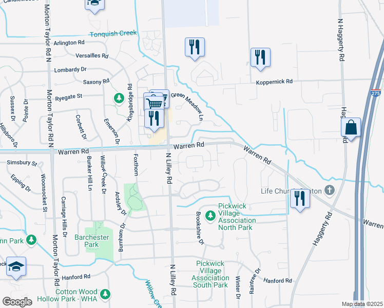map of restaurants, bars, coffee shops, grocery stores, and more near 42132 Carriage Cove Circle in Canton