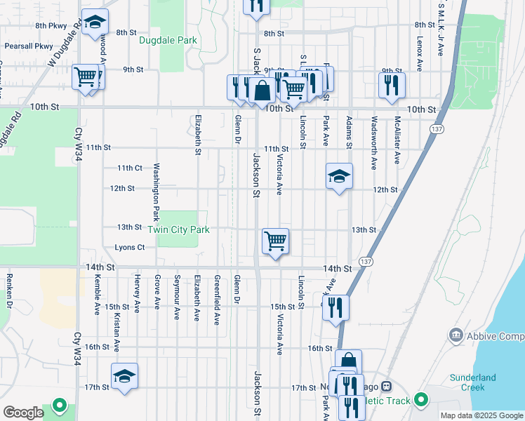 map of restaurants, bars, coffee shops, grocery stores, and more near 1245 Jackson Street in North Chicago