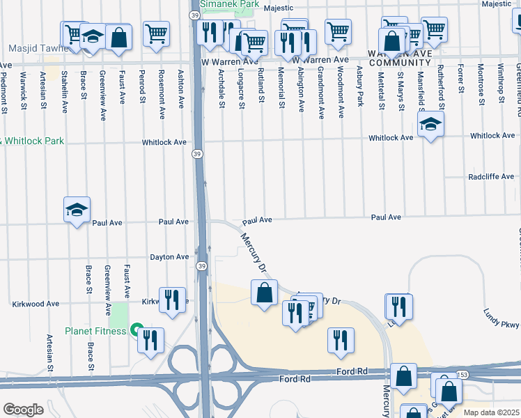 map of restaurants, bars, coffee shops, grocery stores, and more near 6301 Rutland Street in Detroit