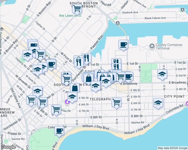map of restaurants, bars, coffee shops, grocery stores, and more near 60 H Street in Boston