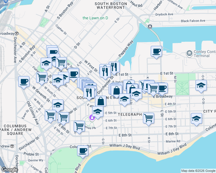 map of restaurants, bars, coffee shops, grocery stores, and more near 433 East 3rd Street in Boston