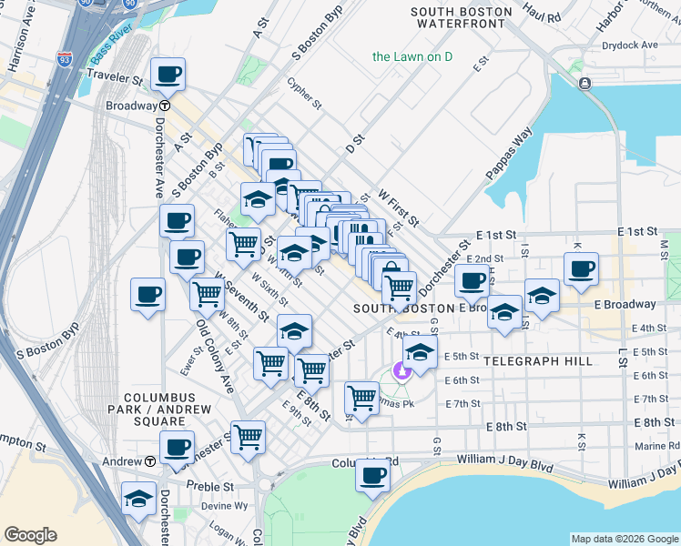map of restaurants, bars, coffee shops, grocery stores, and more near 104 F Street in Boston