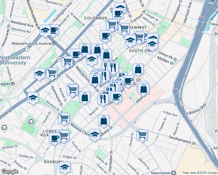 map of restaurants, bars, coffee shops, grocery stores, and more near 668 Massachusetts Avenue in Boston