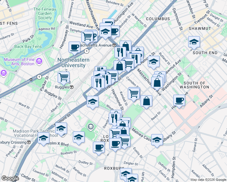 map of restaurants, bars, coffee shops, grocery stores, and more near 10 Sussex Street in Boston
