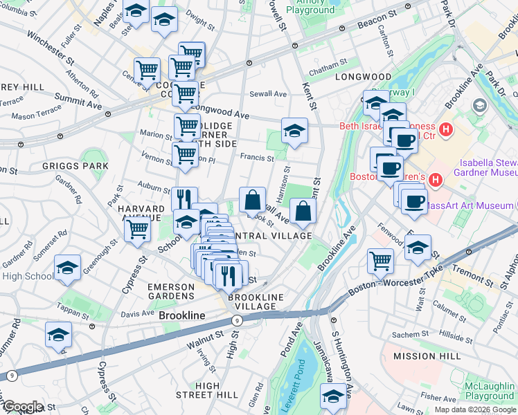 map of restaurants, bars, coffee shops, grocery stores, and more near in Brookline