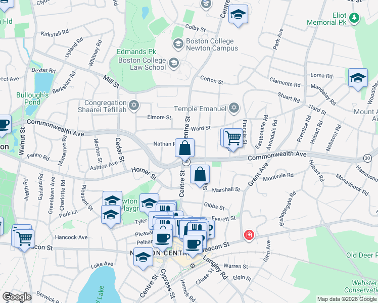 map of restaurants, bars, coffee shops, grocery stores, and more near 634 Commonwealth Avenue in Newton