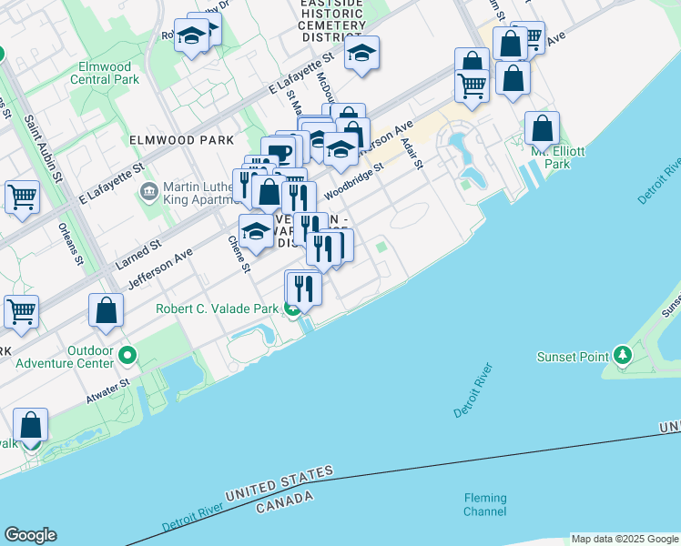 map of restaurants, bars, coffee shops, grocery stores, and more near 500 River Place Drive in Detroit