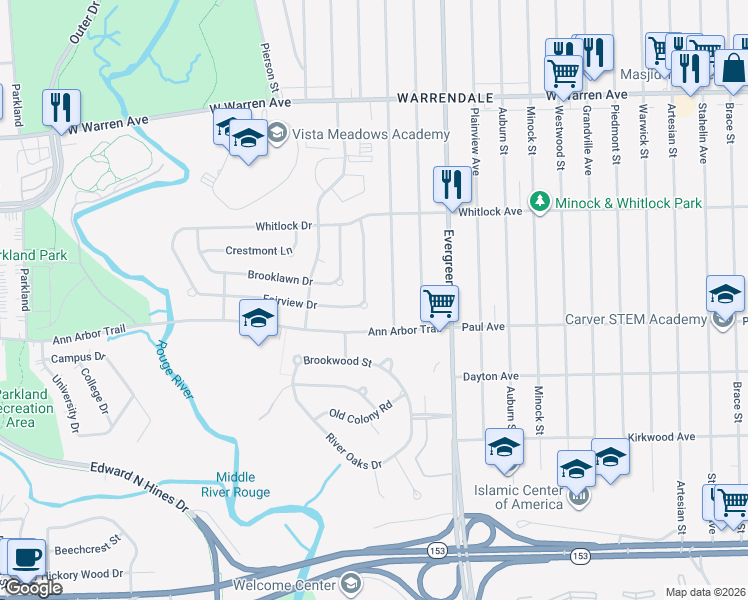 map of restaurants, bars, coffee shops, grocery stores, and more near 6307 Heyden in Dearborn Heights