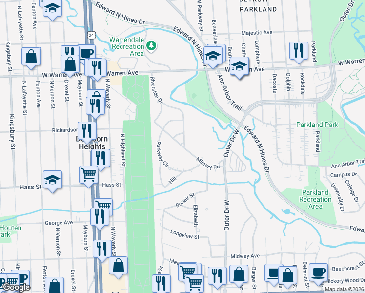 map of restaurants, bars, coffee shops, grocery stores, and more near 23307 Military Road in Dearborn Heights