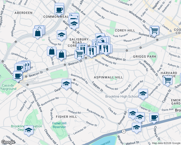 map of restaurants, bars, coffee shops, grocery stores, and more near 299 Tappan Street in Brookline