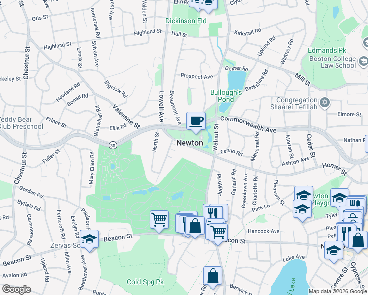 map of restaurants, bars, coffee shops, grocery stores, and more near 374 Homer Street in Newton