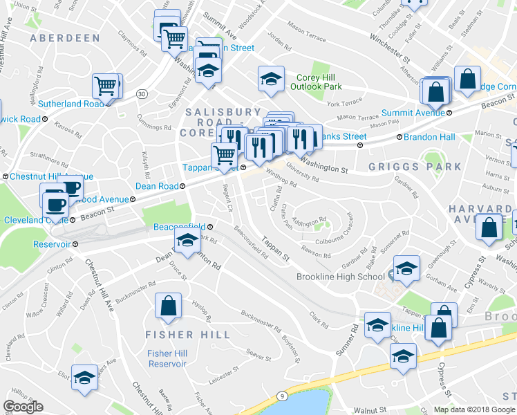 map of restaurants, bars, coffee shops, grocery stores, and more near 299 Tappan Street in Brookline