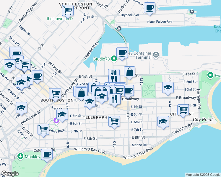 map of restaurants, bars, coffee shops, grocery stores, and more near 646 East Broadway in Boston