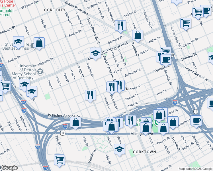 map of restaurants, bars, coffee shops, grocery stores, and more near 2983 Rosa Parks Boulevard in Detroit