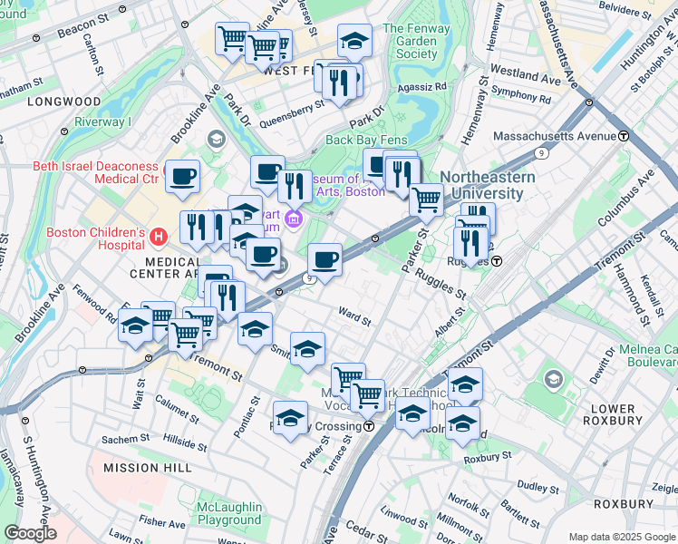 map of restaurants, bars, coffee shops, grocery stores, and more near 578 Huntington Avenue in Boston