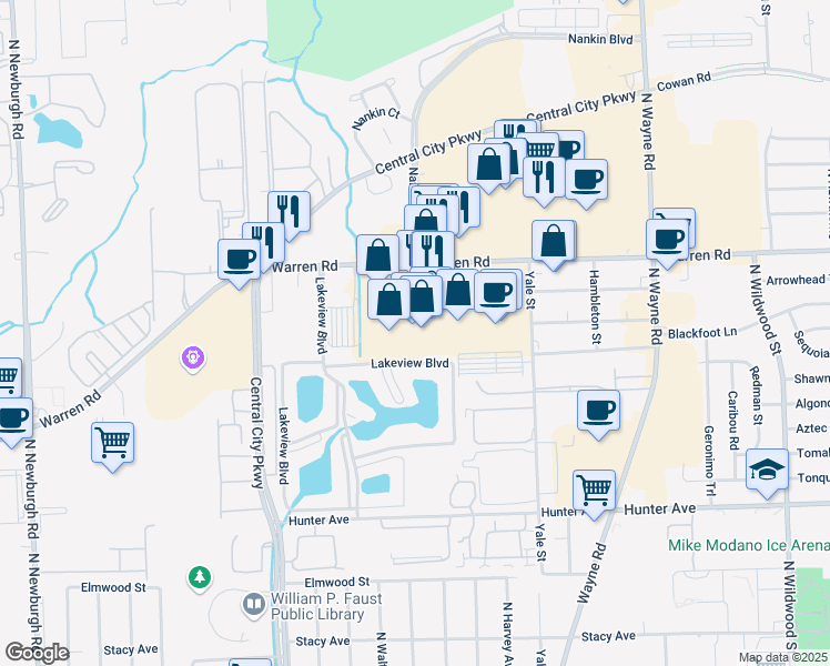 map of restaurants, bars, coffee shops, grocery stores, and more near 35613 Warren Road in Westland
