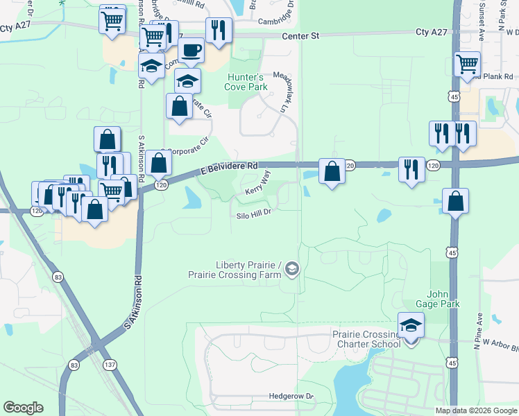 map of restaurants, bars, coffee shops, grocery stores, and more near 361 Kerry Way in Grayslake