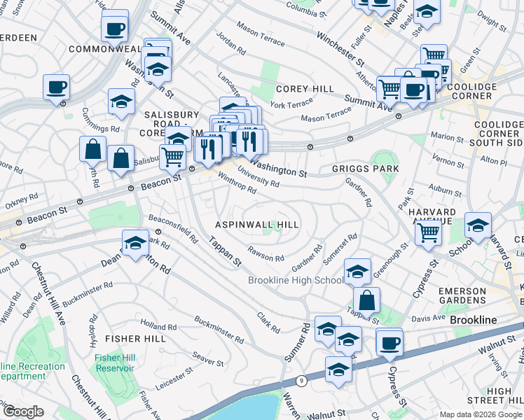 map of restaurants, bars, coffee shops, grocery stores, and more near 148 Winthrop Road in Brookline