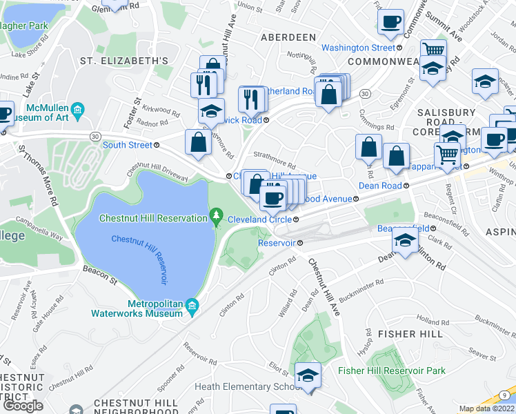 map of restaurants, bars, coffee shops, grocery stores, and more near 358 Chestnut Hill Avenue in Boston