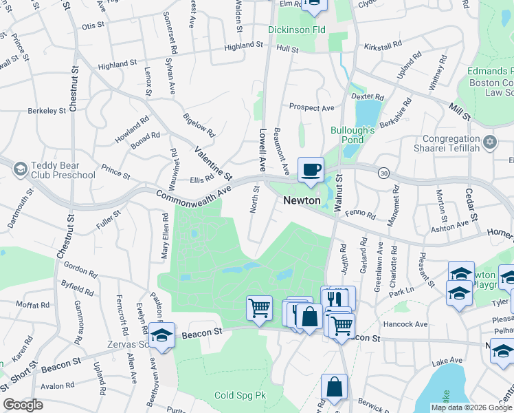 map of restaurants, bars, coffee shops, grocery stores, and more near 34 North Street in Newton