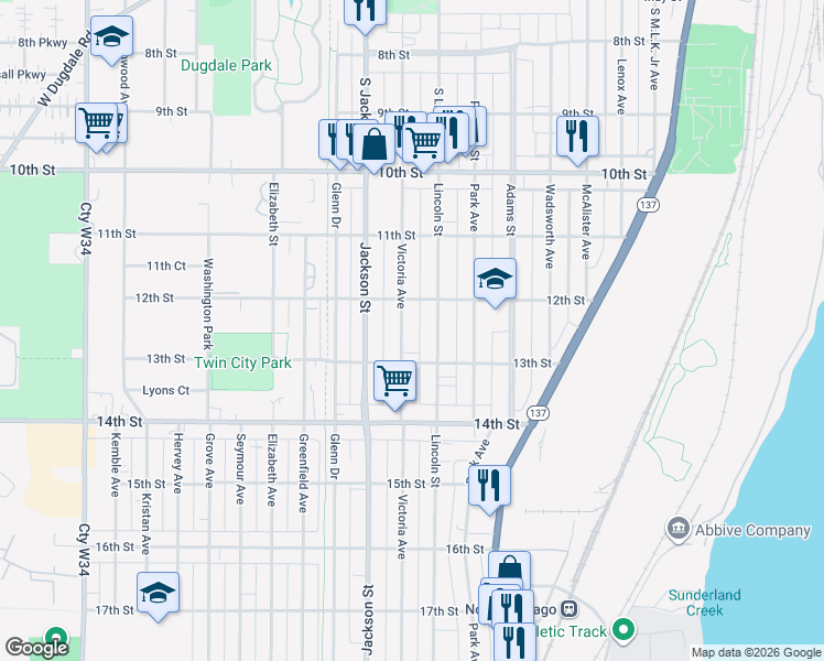 map of restaurants, bars, coffee shops, grocery stores, and more near 1203 Victoria Avenue in North Chicago
