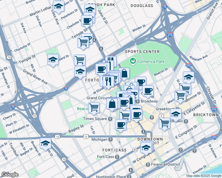 map of restaurants, bars, coffee shops, grocery stores, and more near 48 West Adams Avenue in Detroit