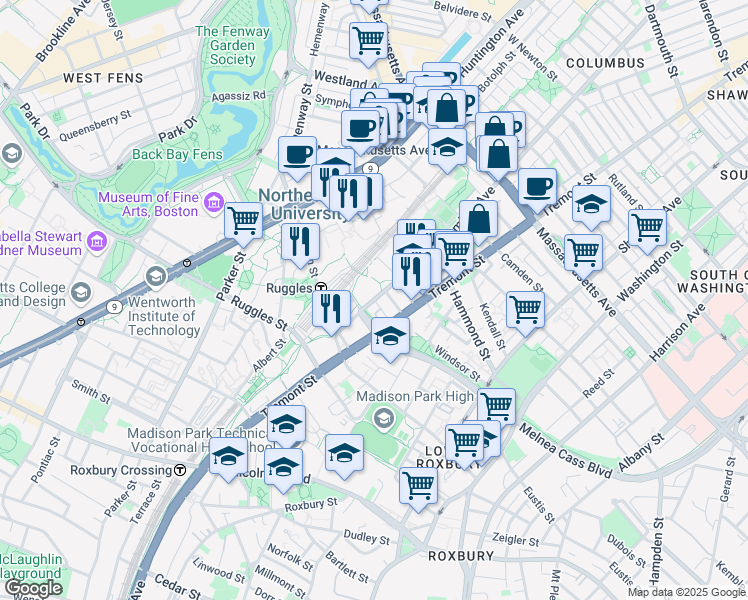 map of restaurants, bars, coffee shops, grocery stores, and more near Columbus Ave & St Cyprians Pl in Boston
