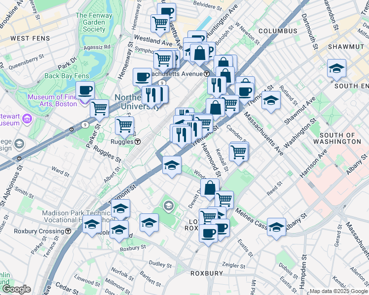 map of restaurants, bars, coffee shops, grocery stores, and more near 724 Columbus Avenue in Boston