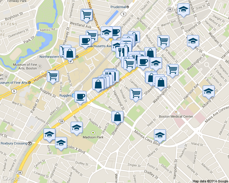 map of restaurants, bars, coffee shops, grocery stores, and more near Hammond St & Warwick St in Boston