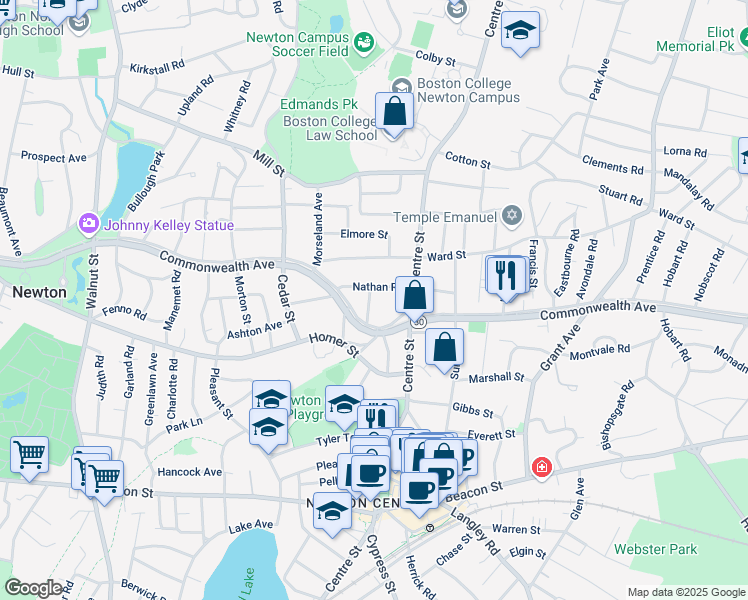 map of restaurants, bars, coffee shops, grocery stores, and more near 48 Nathan Road in Newton