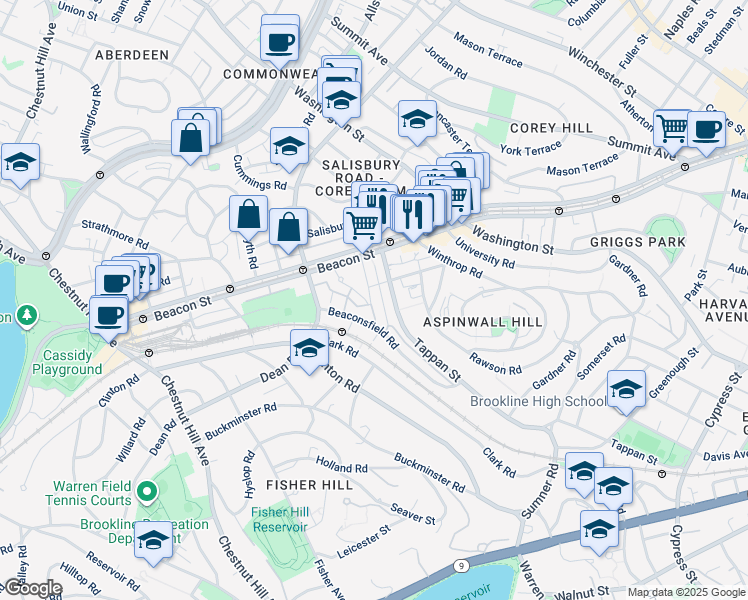 map of restaurants, bars, coffee shops, grocery stores, and more near 30 Regent Circle in Brookline