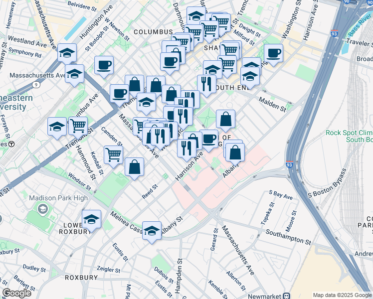 map of restaurants, bars, coffee shops, grocery stores, and more near 19 East Concord Street in Boston