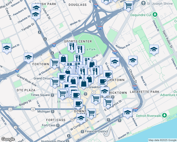 map of restaurants, bars, coffee shops, grocery stores, and more near 350 Madison Street in Detroit