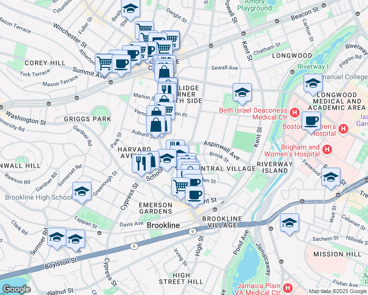 map of restaurants, bars, coffee shops, grocery stores, and more near 40 Aspinwall Avenue in Brookline
