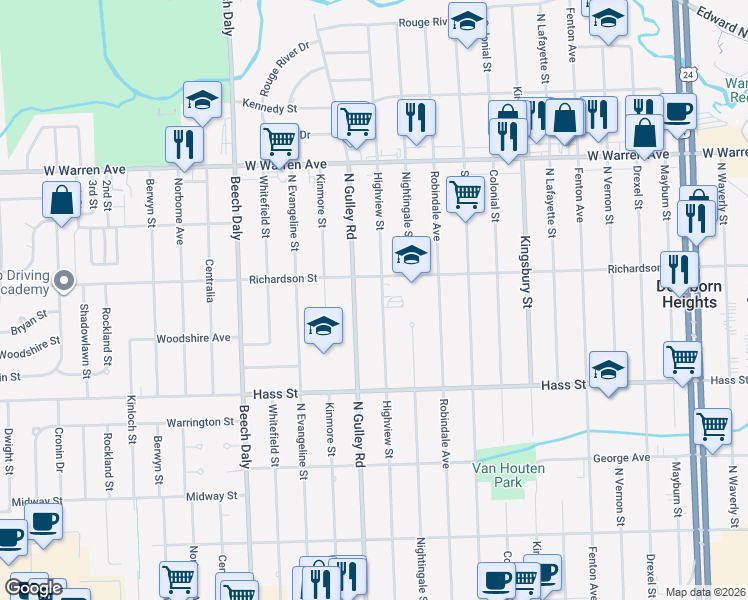 map of restaurants, bars, coffee shops, grocery stores, and more near 6802 North Gulley Road in Dearborn Heights