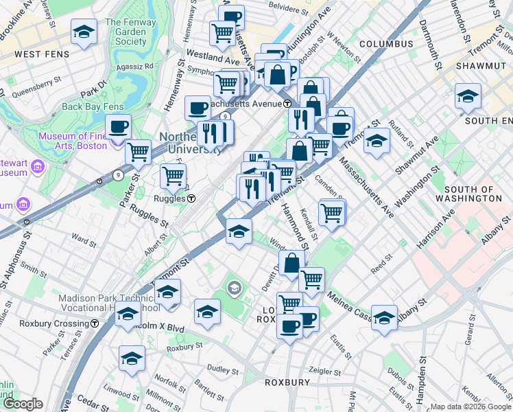 map of restaurants, bars, coffee shops, grocery stores, and more near 724 Columbus Avenue in Boston