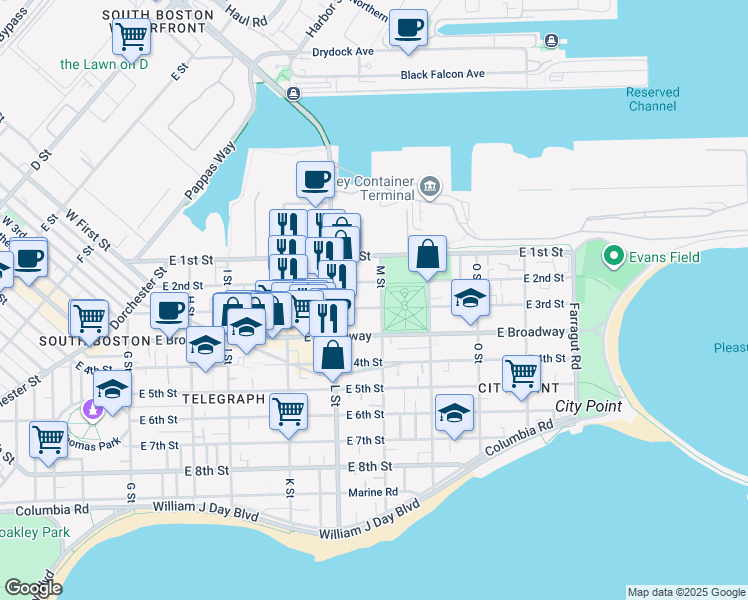 map of restaurants, bars, coffee shops, grocery stores, and more near 730 East 2nd Street in Boston