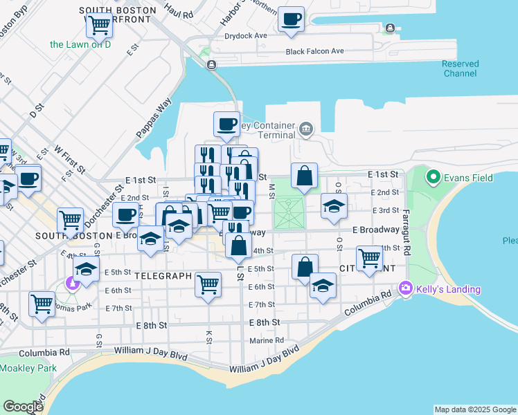 map of restaurants, bars, coffee shops, grocery stores, and more near 730 East 2nd Street in Boston