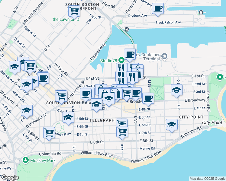 map of restaurants, bars, coffee shops, grocery stores, and more near 618 East 2nd Street in Boston